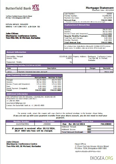 Relevé hypothécaire de la banque Butterfield de la Barbade scr